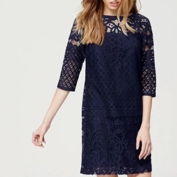 LOFT Navy Blue Longsleeve Lace Shift Dress Size 4 - Picture 1 of 6